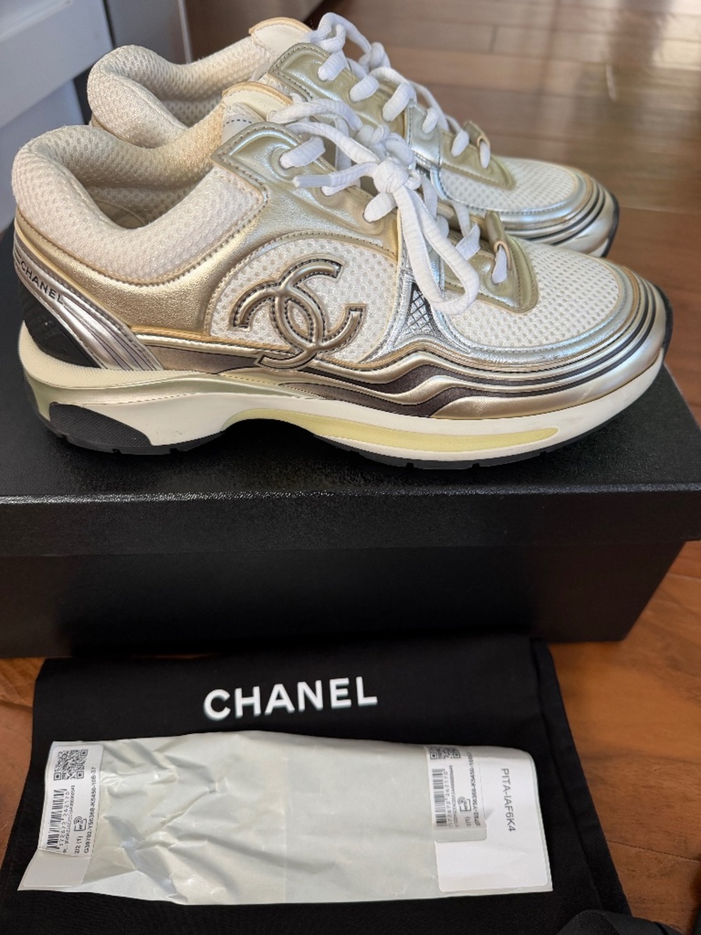 CHANEL Fabric Laminated Calfskin Stretch CC Sneakers size 37 in White,Gold,Silv